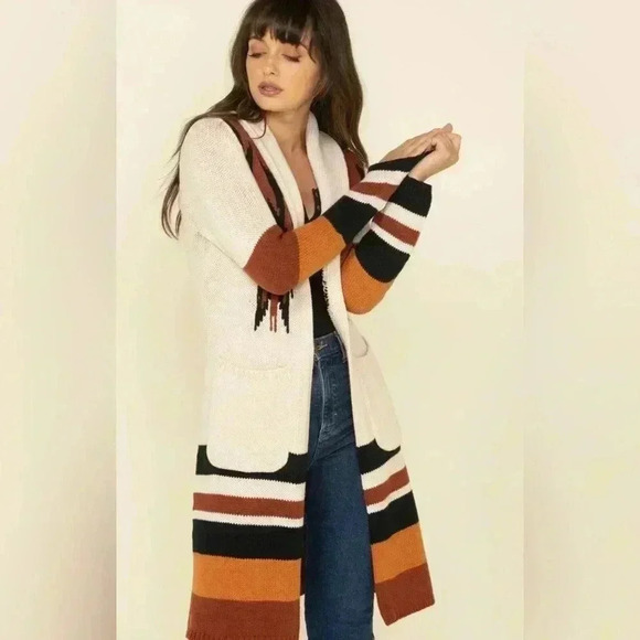 SHYANNE WOMEN'S SOUTHWESTERN STRIPED DUSTER CARDIGAN Medium Boho - Picture 3 of 10